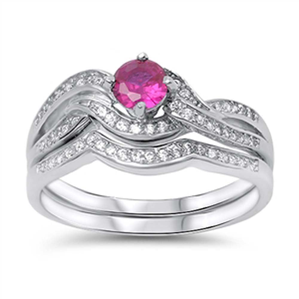 Sterling Silver 2-Pieces Engagement Swirl Band Ring Embedded with Clear Czs and Centered Solitaire Round Cut Ruby CzAnd Band Width of 3MM