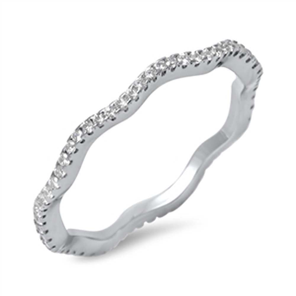 Sterling Silver Fancy Paved Wavy Band Ring with Face Height of 2MM