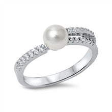 Load image into Gallery viewer, Sterling Silver Classy Band Ring Embedded with Clear Cz Stones and Centered White Freshwater PearlAnd Face Height of 5MM