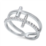 Sterling Silver Stylish Double Sideways Cross Design Open Band Ring with Face Height of 12MM
