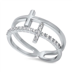 Sterling Silver Stylish Double Sideways Cross Design Open Band Ring with Face Height of 12MM