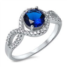 Load image into Gallery viewer, Sterling Silver Infinity Loop Paved Band Ring with Centered Round Cut Blue Sapphire CzAnd Face Height of 11MM