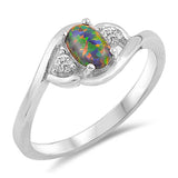 Sterling Silver Round Shaped Black Lab Opal Clear CZ Ring