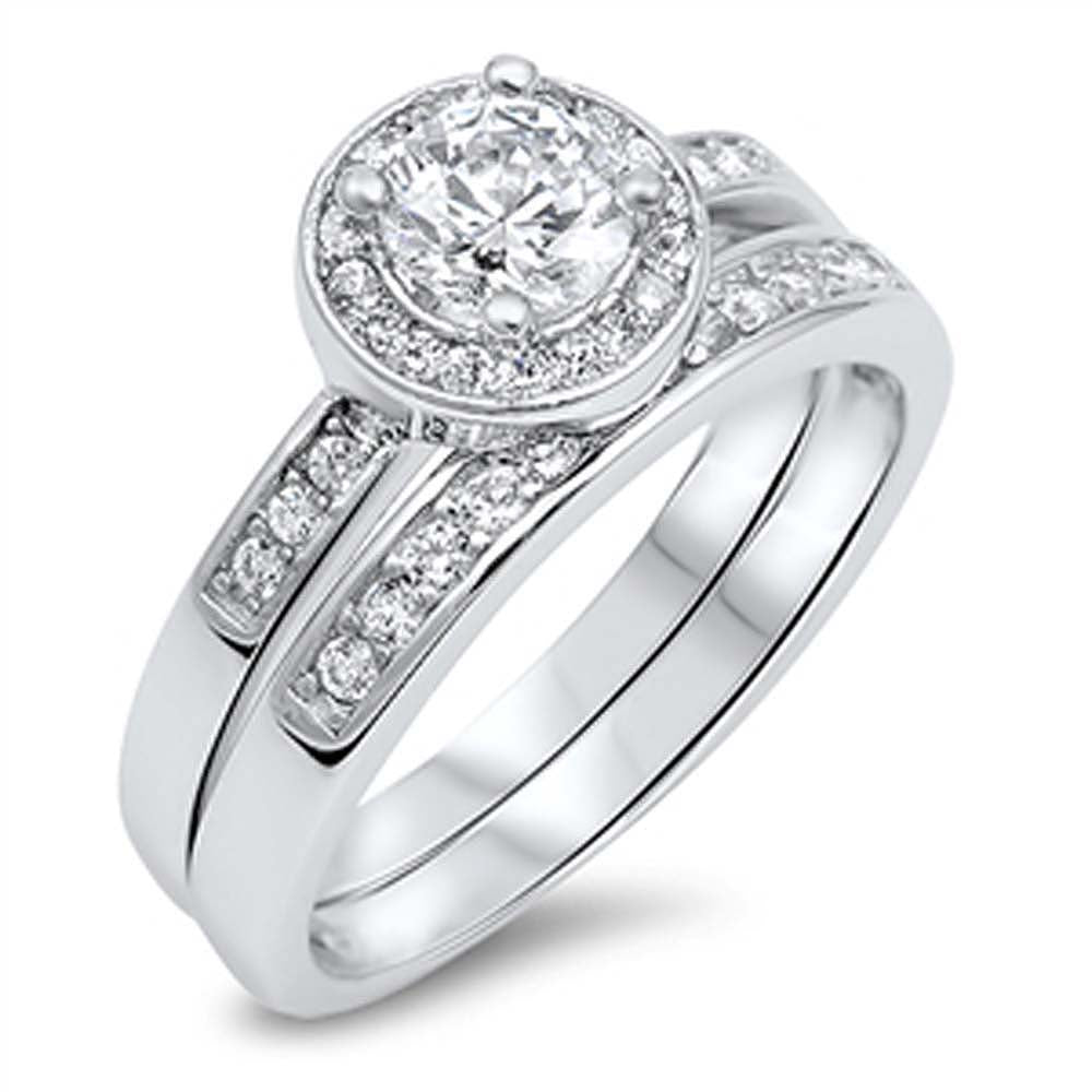 Sterling Silver 2 Set Engagement Rings with Clear Cz In the Center Encircled by Pave Set CzAnd Ring Face Height of 10MM