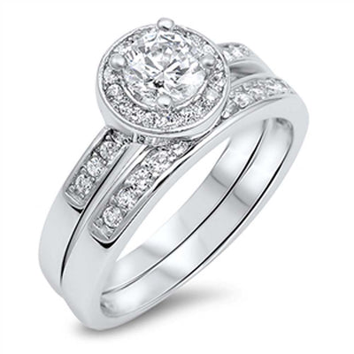Sterling Silver 2 Set Engagement Rings with Clear Cz In the Center Encircled by Pave Set CzAnd Ring Face Height of 10MM
