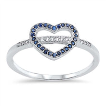 Load image into Gallery viewer, Sterling Silver Open Heart Ring with Clear Cz and Blue Sapphire on the HeartAnd Ring Face Height of 9MM
