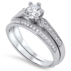 Sterling Silver 5MM Cz Pave 2 Set Engagement Rings, Band Width of 5MM