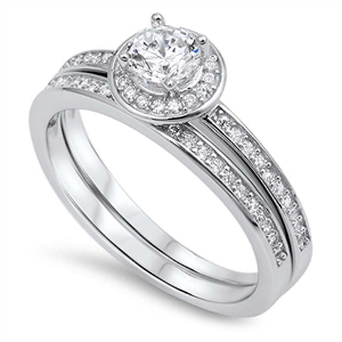 Sterling Silver 2 Set Engagement Rings with 5MM Cz In the Center Encircled by Pave Set CzAnd Band Width of 4MM