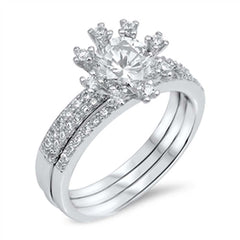 Sterling Silver Fancy Flower with Centered Round Cut Clear Cz Pave Wedding Ring SetAnd Center Stone Size of 7MM