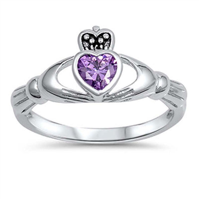 Sterling Silver Amethyst Cz Stone Claddagh Ring with Face Height of 10MM
