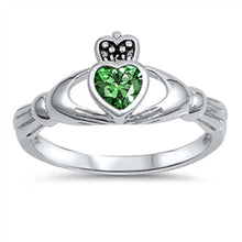 Load image into Gallery viewer, Sterling Silver Fancy Emerald Cz Stone Claddagh Ring with Face Heigt of 10MM
