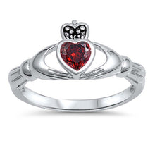 Load image into Gallery viewer, Sterling Silver Garnet Cz Stone Claddagh Ring with Face Height of 10MM