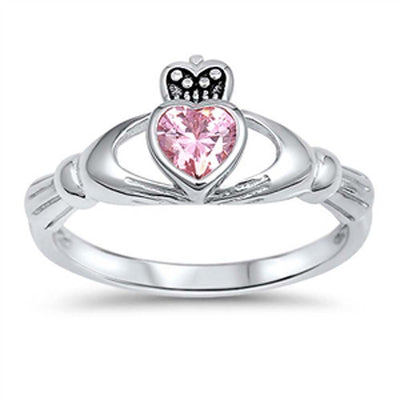 Sterling Silver Pink Cz Stone Claddagh Ring with Face Height of 10MM