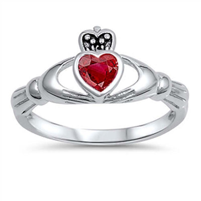 Sterling Silver Ruby Cz Stone Claddagh Ring with Face Height of 10MM