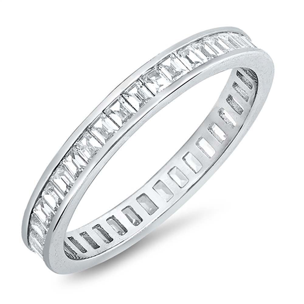 Sterling Silver Thin Eternity Band Ring with Baguette Clear Cz StonesAnd Band Width of 3MM