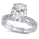 Sterling Silver Fancy Large Oval Cut Clear Cz Pave 2-Pcs Infinity Engangement Ring with Center Stone Size of 11MMAnd Band Width: 3MM