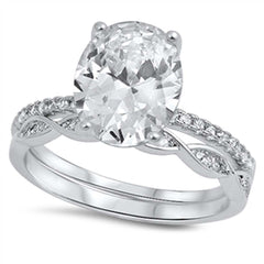 Sterling Silver Fancy Large Oval Cut Clear Cz Pave 2-Pcs Infinity Engangement Ring with Center Stone Size of 11MMAnd Band Width: 3MM