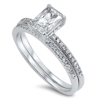 Sterling Silver Radiant Cut Clear Cz Micro Pave 2-Pcs Engagement Ring with Center Stone Size of 7MMAnd Band Width: 3MM