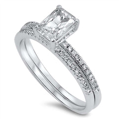 Sterling Silver Radiant Cut Clear Cz Micro Pave 2-Pcs Engagement Ring with Center Stone Size of 7MMAnd Band Width: 3MM