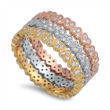 Load image into Gallery viewer, Sterling Silver Clear Cz Triple Multi-Colored Heart Band Ring with Ring Face Height of 3MM Each