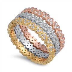 Sterling Silver Clear Cz Triple Multi-Colored Heart Band Ring with Ring Face Height of 3MM Each
