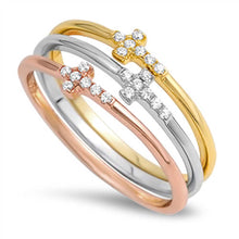 Load image into Gallery viewer, Sterling Silver Fancy Three Multi Colored Crosses Bands Ring with Clear Cz AccentAnd Face Height of 6MM