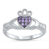 Sterling Silver Classy Amethyst CZ Claddagh Ring with Ring Face Height of 10MM