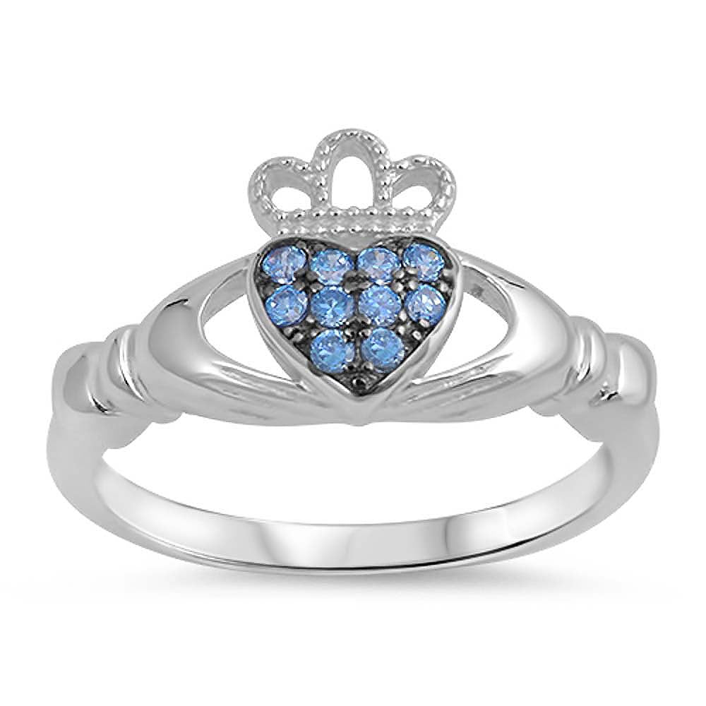 Sterling Silver Aquamarine CZ Claddagh Ring with Ring Face Height of 10MM