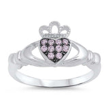 Sterling Silver Classy Pink CZ Claddagh Ring with Ring Face Height of 10MM