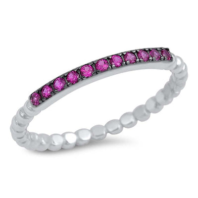 Sterling Silver Fancy Pave Set Ruby CZ Bead Band Stackable Ring with Ring Face Height of 2MM