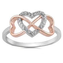Load image into Gallery viewer, Sterling Silver Rose Gold Plated Infinity Hearts Shaped Clear CZ RingAnd Face Height 9mm