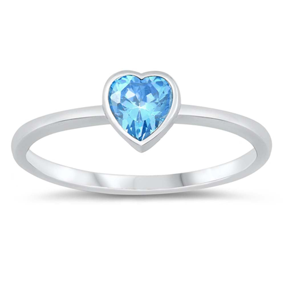 Sterling Silver Aquamarine Heart Cubic Zirconia Ring