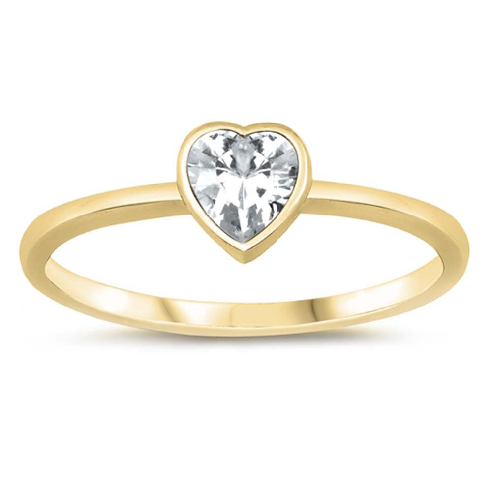 Sterling Silver Yellow Gold Plated Cz Heart Ring and Face Height 6 mm