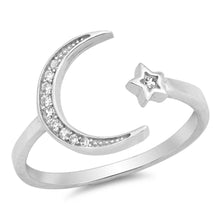 Load image into Gallery viewer, Sterling Silver Trendy Ring with Star and Moon Clear CZ Design, Face Height of 12 mm