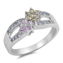 Load image into Gallery viewer, Sterling Silver Flower And Loop Shaped PinkAnd Peridot And Clear CZ RingAnd Face Height 8mm