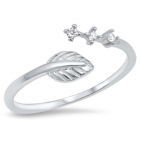 Sterling Silver CZ Bypass Ring with Leaf and diamond DesignAnd Face Height of 12MM