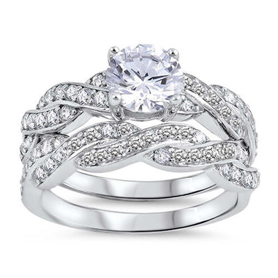 Sterling Silver Wedding Set Rings with Clear CZ Centered Stone 7 mmAnd Face Height of 10 mm