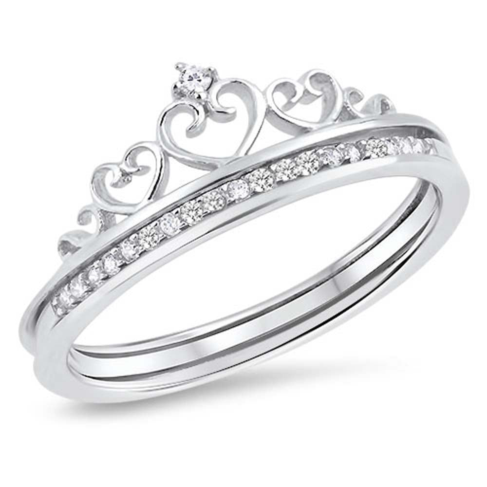 Sterling Silver Crown Design Ring with Clear CZAnd\r\nFace Height of 8 mm