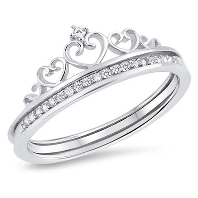Sterling Silver Crown Design Ring with Clear CZAnd\r\nFace Height of 8 mm
