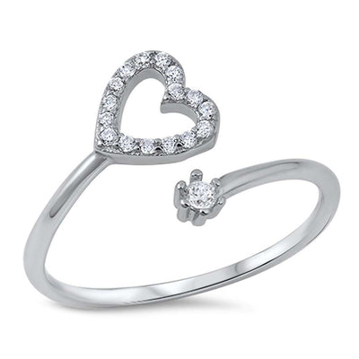 Sterling Silver CZ Bypass Ring with Heart and diamond Design, Face Height of 12MM