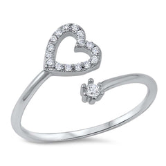 Sterling Silver CZ Bypass Ring with Heart and diamond Design, Face Height of 12MM