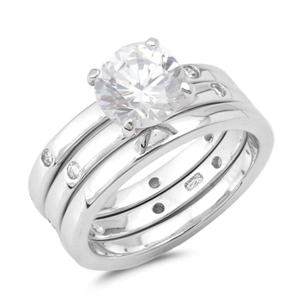 Sterling Silver Three Lines Round Shaped Clear CZ RingsAnd Face Height 8mm