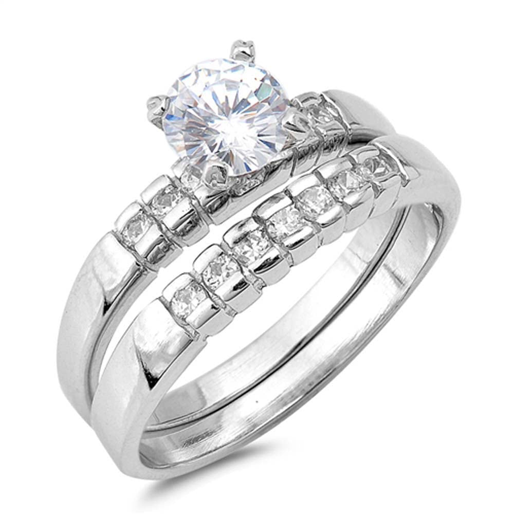 Sterling Silver Two Lines Round Shaped Clear CZ RingsAnd Face Height 6mm