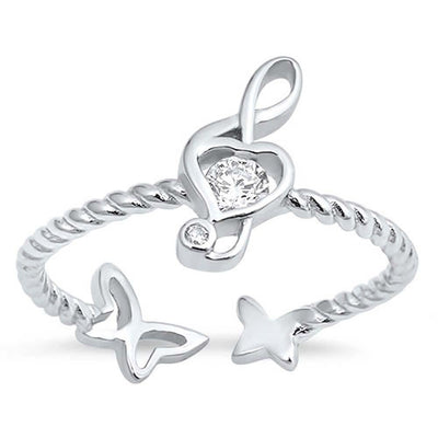 Sterling Silver Music Note And Butterfly Shaped Clear CZ RingAnd Face Height 12mm