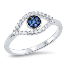 Load image into Gallery viewer, Sterling Silver Evil Eye Ring with Blue Sapphire Center and Clear CZ\'sAnd Face Height of 9MM