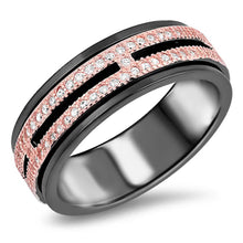 Load image into Gallery viewer, Sterling Silver Black Plated Ring With Rose Gold Spinner with Clear CZ\'sAnd Face Height of 7MM