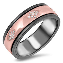 Load image into Gallery viewer, Sterling Silver Black Plated Wedding Band with Rose Gold Spinner with Diamond Pattern Clear CZ\'sAnd Face Height of 7 MM