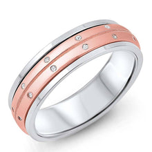 Load image into Gallery viewer, Sterling Silver Ring with Rose Gold Spinner Center with clear CZ\'sAnd Face Height of 6MM