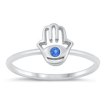 Load image into Gallery viewer, Sterling Silver Rhodium Plated Blue And Clear CZ Hamsa Ring