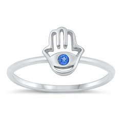 Sterling Silver Rhodium Plated Blue And Clear CZ Hamsa Ring